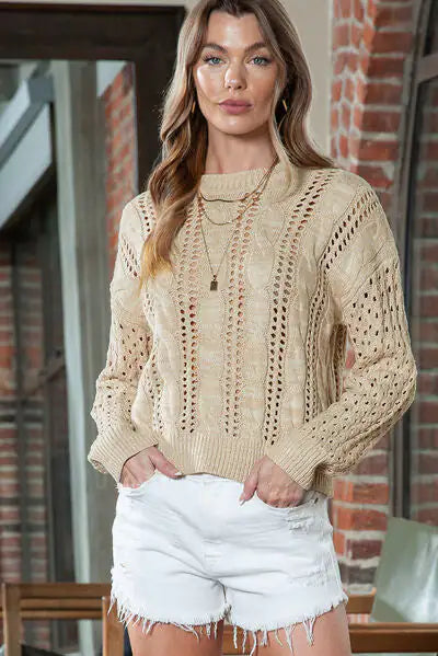 PIPA-Full Size Openwork Cable-Knit Round Neck Knit Top-