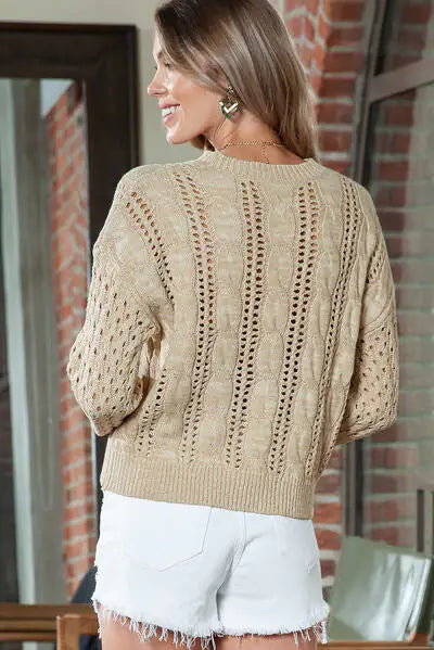 PIPA-Full Size Openwork Cable-Knit Round Neck Knit Top-