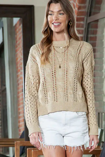 PIPA-Full Size Openwork Cable-Knit Round Neck Knit Top-